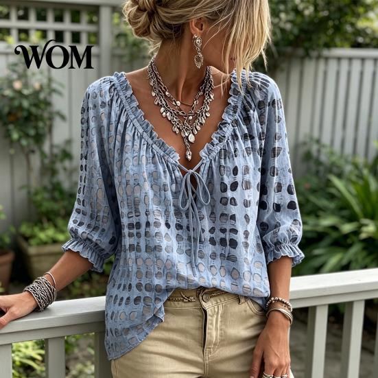 Comoda Maglietta da Viaggio da Donna Estiva Casual, Blusa con Scollo a V e Laccetti, Maniche 3/4, Blusa a Quadri Oversize con Stampa, Top Larghi e Svasati, Leggera