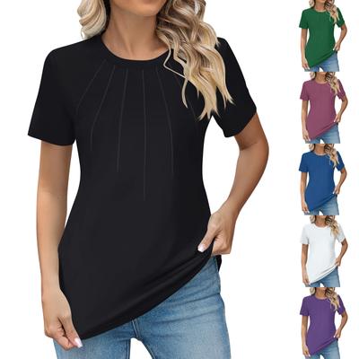 Women's Round Neck Short Sleeved Pleated Solid Color Short Sleeved Top