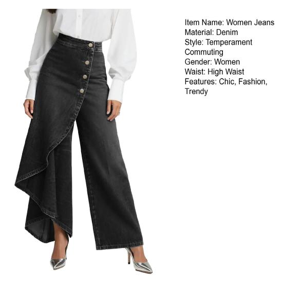 Flowy Jeans for Women High Waisted Asymmetrical Wrap Denim Pants Button Up Wide Leg