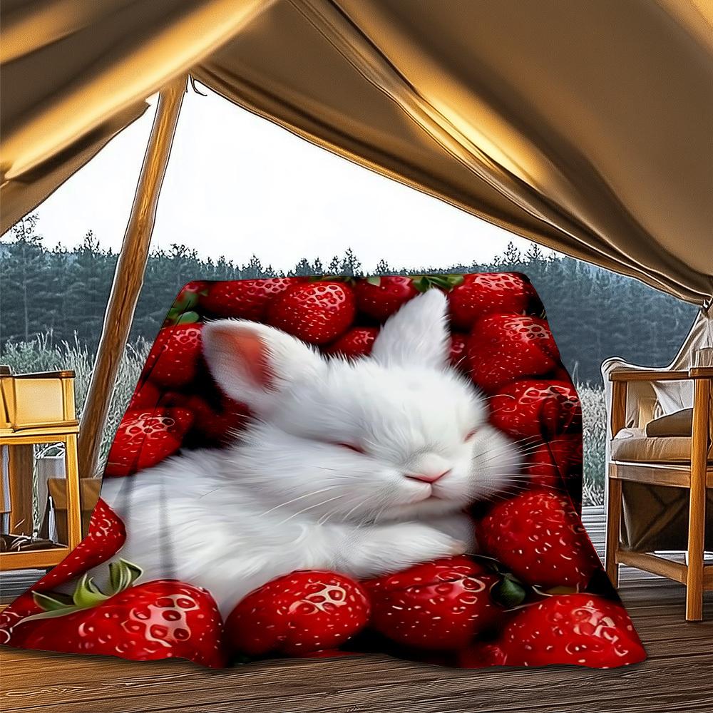 1pc Strawberry Bunny Outdoor Flannel Blanket , Machine Washable Perfect Gift for Birthday , Holiday Travel Accessory , Durable Material