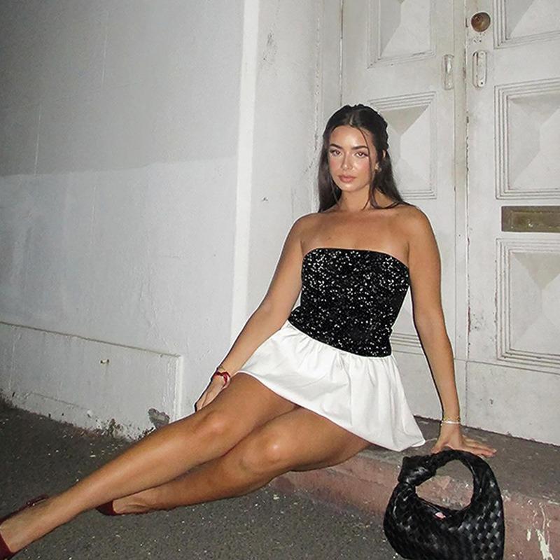 Women's Spring Sexy One-shoulder Strapless Short Dress Sequined Fashion Dress