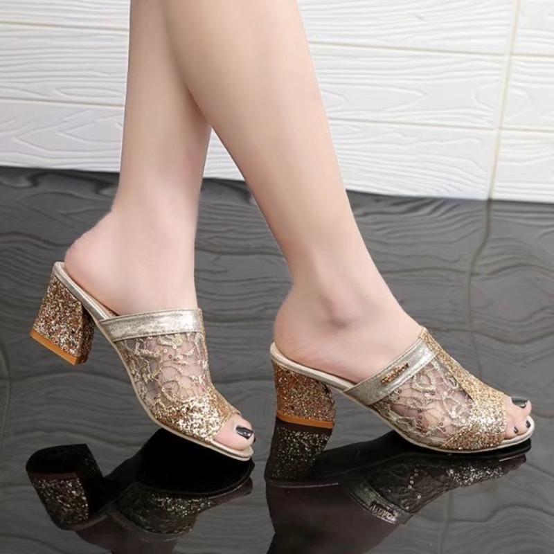 Woman Summer Sandals 2026 Open Toe Sandal Lace Dress Shoes Women’s High Heels Sandals Square Heeled Pumps Ladies Shoes