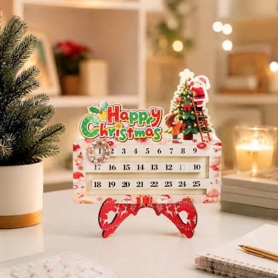 Creative Christmas Gift Wooden Countdown Calendar for Desk, Rustic Holiday Decoration with Reusable Sliding Date Marker, Living Room Fireplace