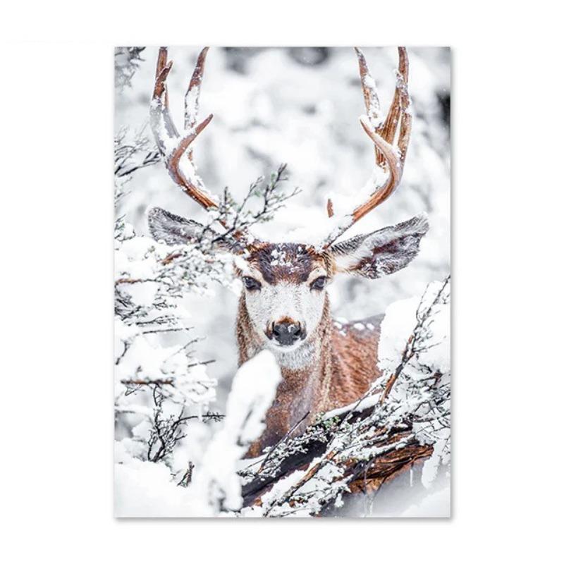 Christmas Deer Snowscape Canvas Poster Art Prints Hazelnut Wood Wall Paintings Christmas Wall Posters Living Room Decor Gift