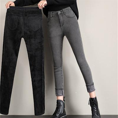 Leisure Fashion Thicken Denim High Waist Straight Pants Jeans Women Casual Pencil Trousers Winter High-Elasticity Slim All-match