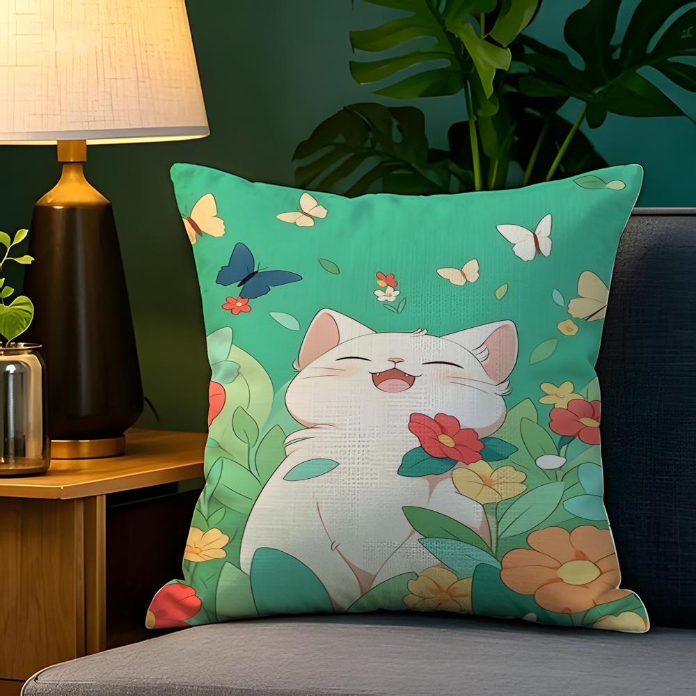 Spring Sunshine Cat Illustrations Pillow Case Natural Linen Pillow Case DoubleSided Decor Sofa Pillowcase Home Decor