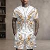 Men s Plus Size Round Neck Short Sleeve Printed Top And Drawstring Shorts With Pockets Two Piece Set Black Blue Green