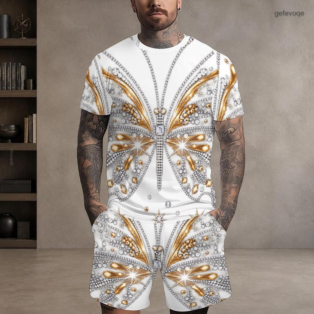 Men s Plus Size Round Neck Short Sleeve Printed Top And Drawstring Shorts With Pockets Two Piece Set Black Blue Green