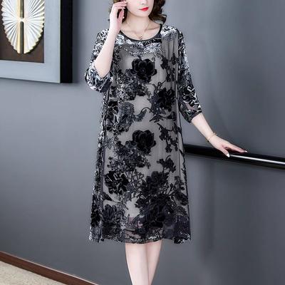 Women's Plus Size Dress Gold Velvet Floral Dress Loose Retro A-Line Dress Spring Autumn