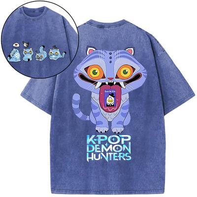 Derpy Tiger Hot Movie Print Shirts for Women Cartoon Anime Washed Cotton Tee K-Pop Demon Hunters Tiger T-shirt Tops
