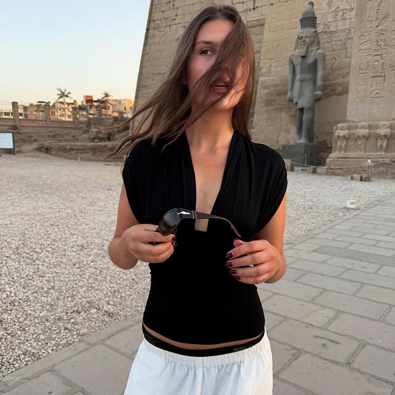 

Sexy V Neck Tanks Top Women Backless Lace Up Ruched Crop Top Vest Tee Y2K Slim Club Party Top Hot Girl Summer New Tops S