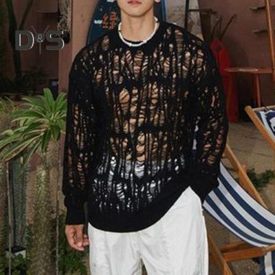Men Tops Crew Neck Long Sleeve Knitted T-Shirt Men Clothing Retro Hollow-Out Mesh Knit Tops Spring Streetwear