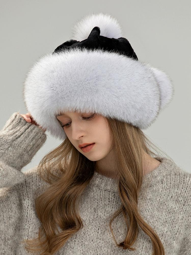 Fox hair Mongolian hat women's winter warm ear protection princess fur hat outdoor thickened whole leather Rex rabbit hair ski hat
