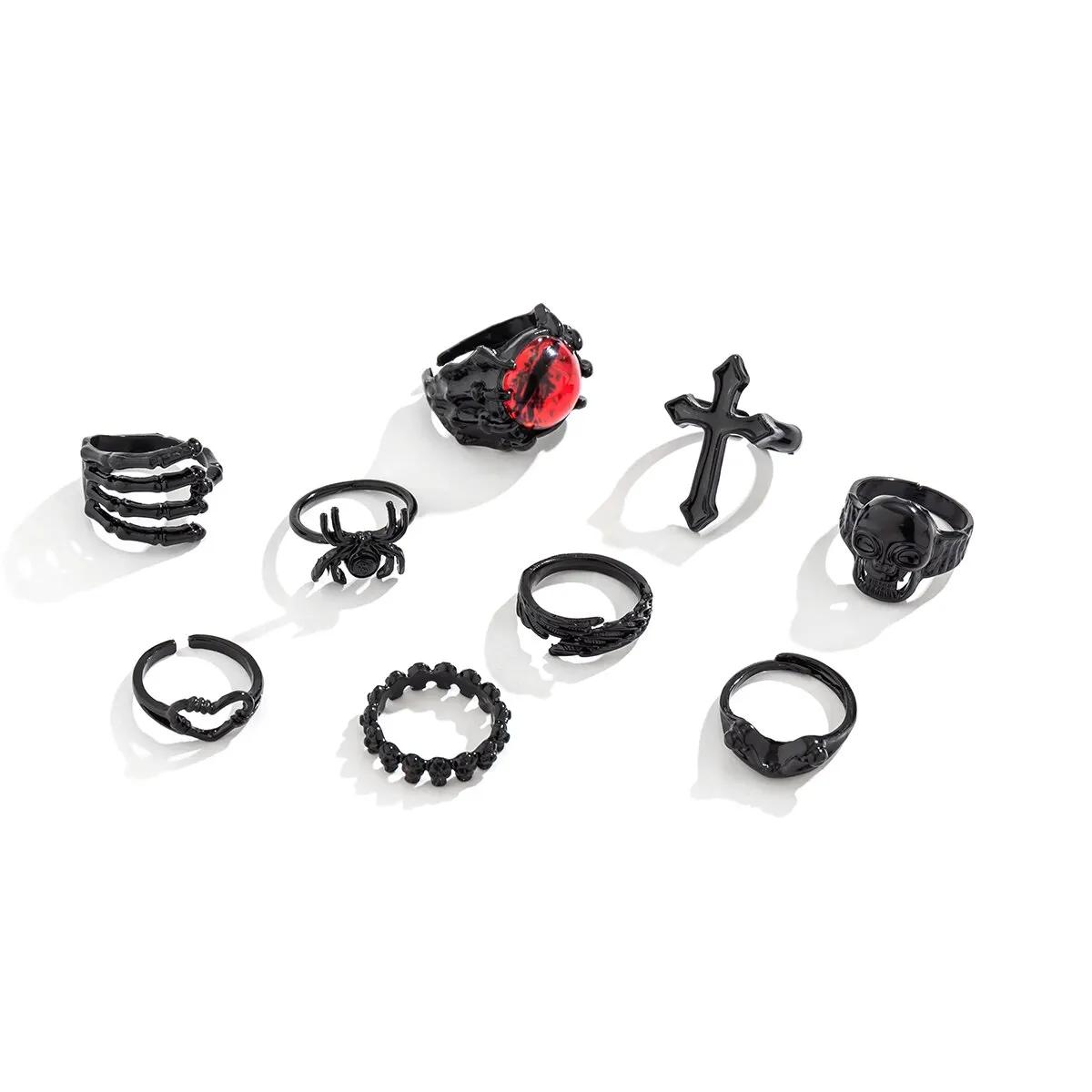 

9Pcs/Set Goth Black Devil Eye Skull Spider Palm Rings for Women Vintage Cross Jesus Love Heart Rings Halloween Jewelry Gift New