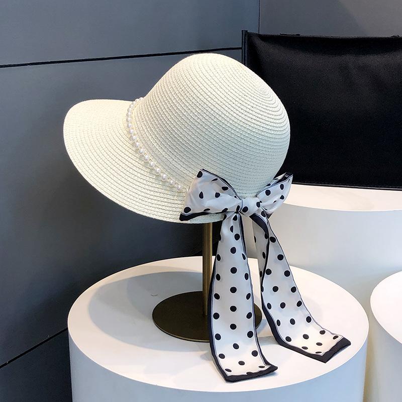 Elegant Pearl Bowknot Sun Hat for Women - Wide Brim, UV Protection Straw Bucket Cap with Chic French Style Design