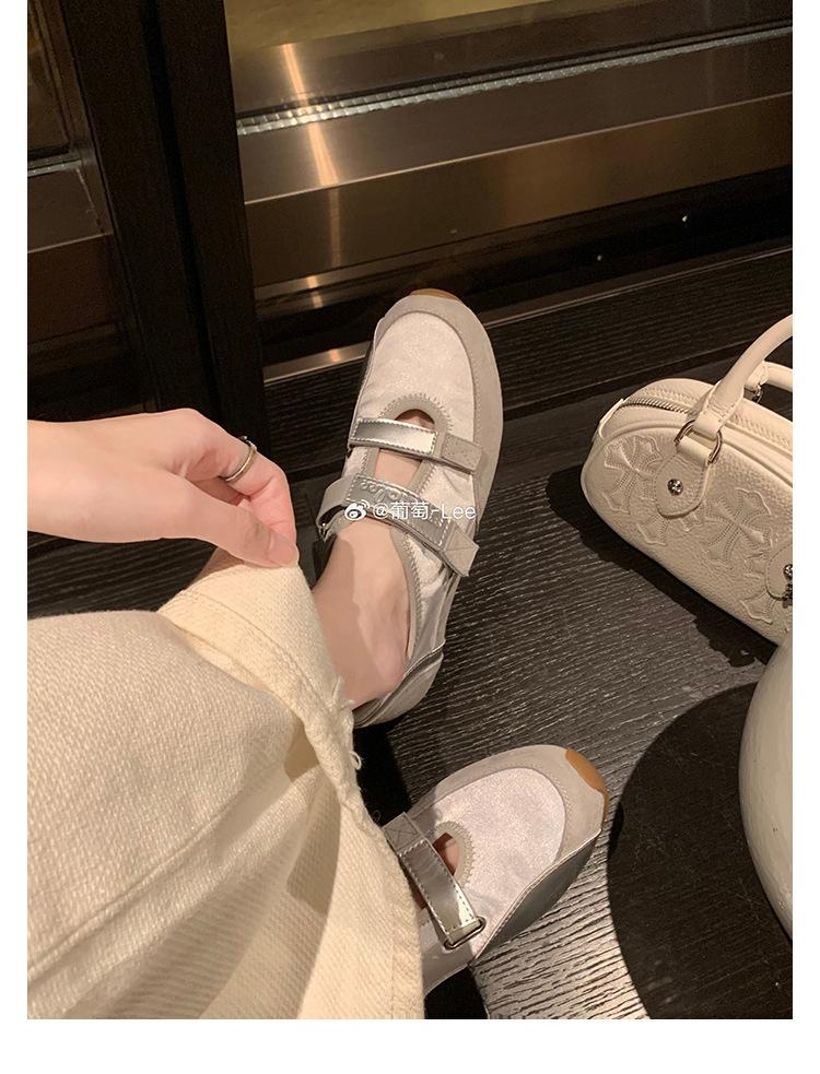 Sheepskin version~ Korean version of Velcro Mary Jane shoes women's color matching casual ballet shoes niche inner height increase flat shoes