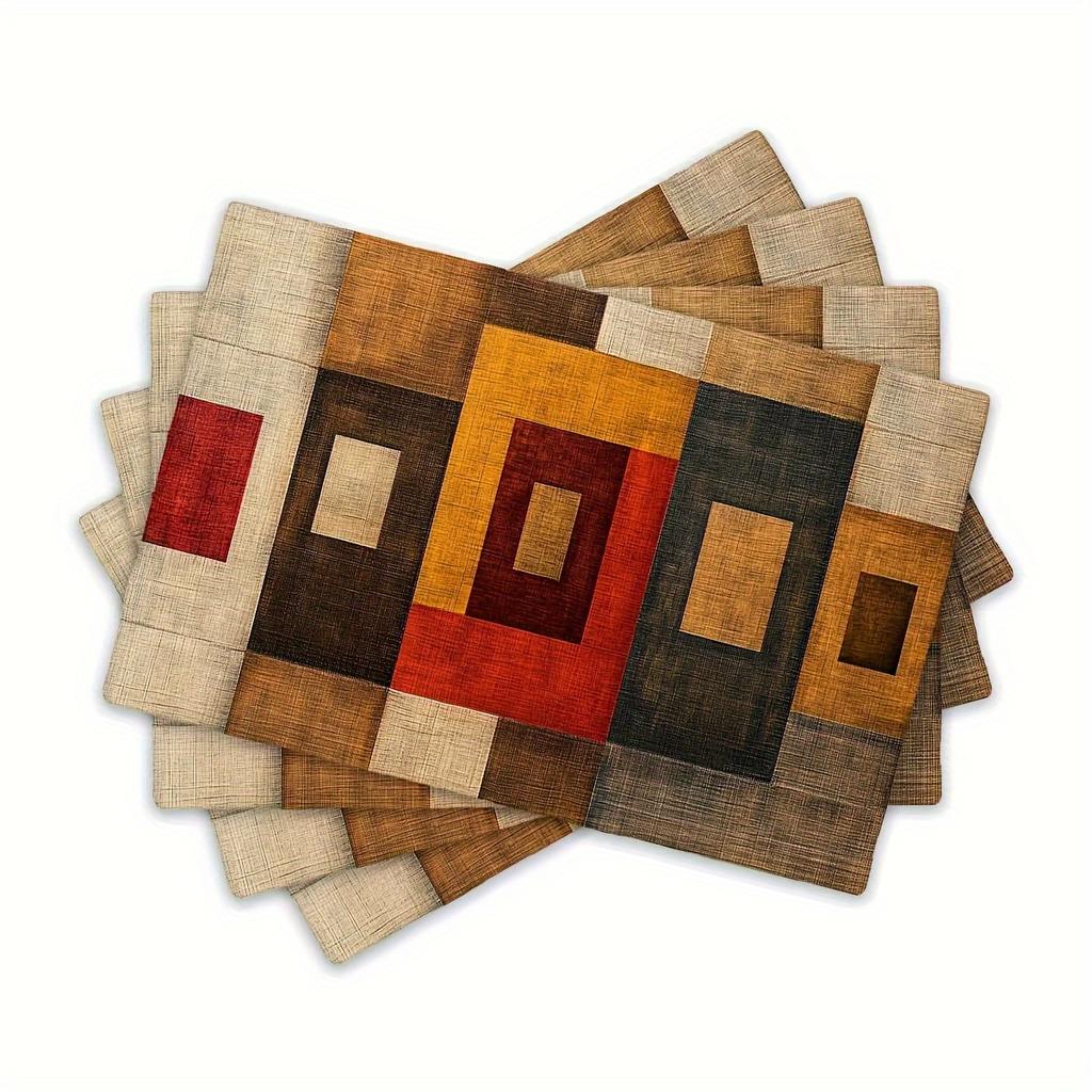 JIT4/6pcs Linen Placemat Set, Square Color Block Combination Placemats Measuring 12X18 Inches, Suitable for Kitchen Dining, Holiday Meals, And Coffee