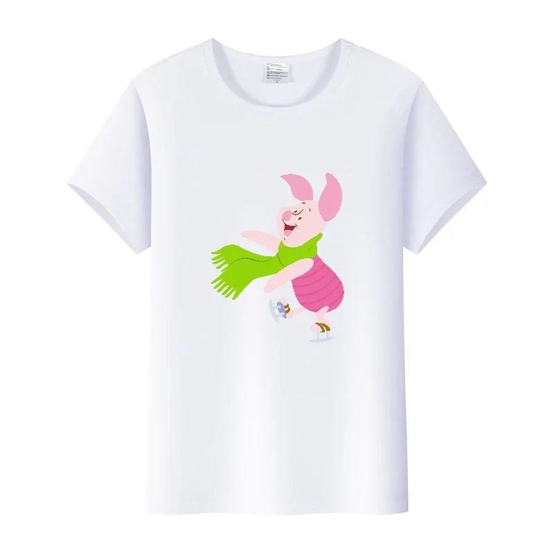 Kawaii Cartoon Pooh Bear Piglet Clothes Girl Top Womam T-shirts Loose Blouse White Tee Short Sleeve Streetwear 90S Shirts Unisex