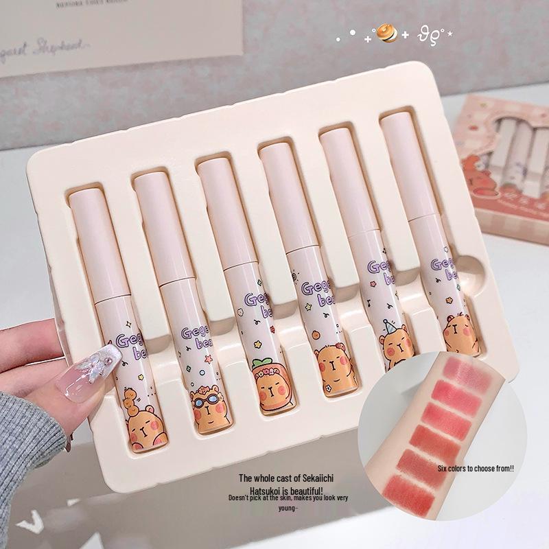 Gege Bear Soft Matte Lip Mud Set - Low Saturation, Happy Party Collection for Students, Autumn/Winter Whitening Lipstick