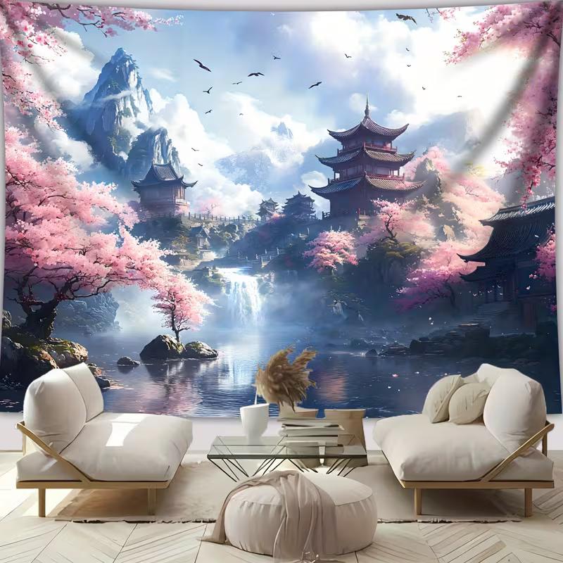 2D Japanese Waterfall Tapestry Cherry Blossoms and Ancient Temple Wall Hanging
