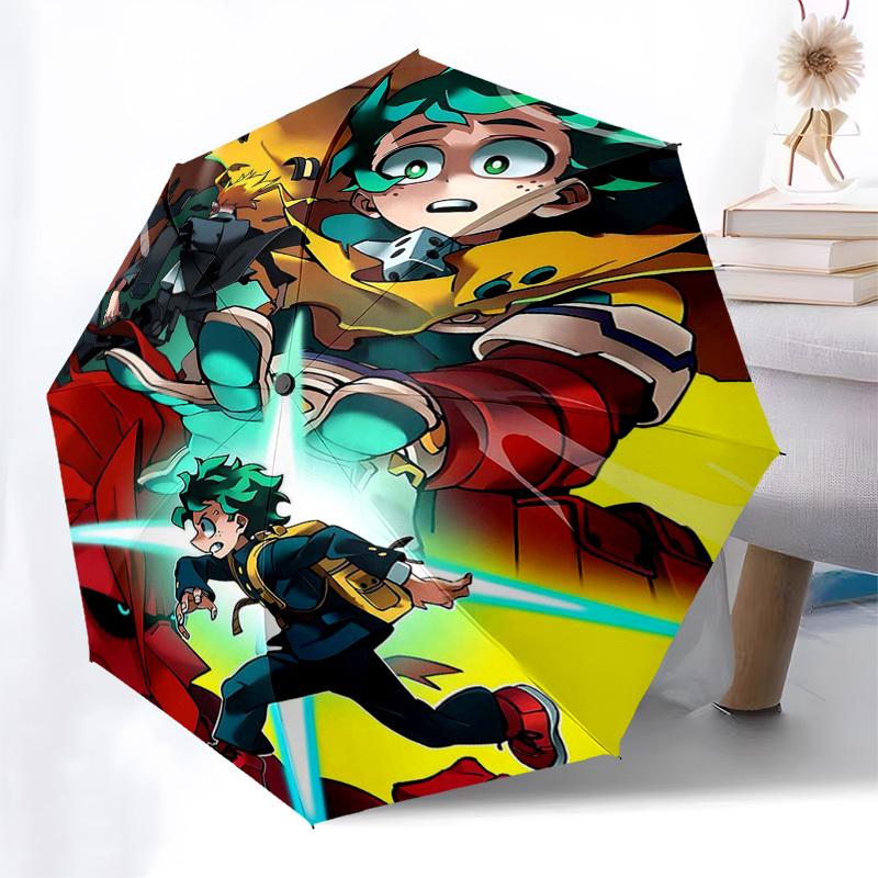 1pc My Hero Academia: Izuku Midoriya & Katsuki Bakugo Outdoor Umbrella - Automatic Opening/Closing, Portable 3-Fold Design with 8-Rib Iron Frame - Per