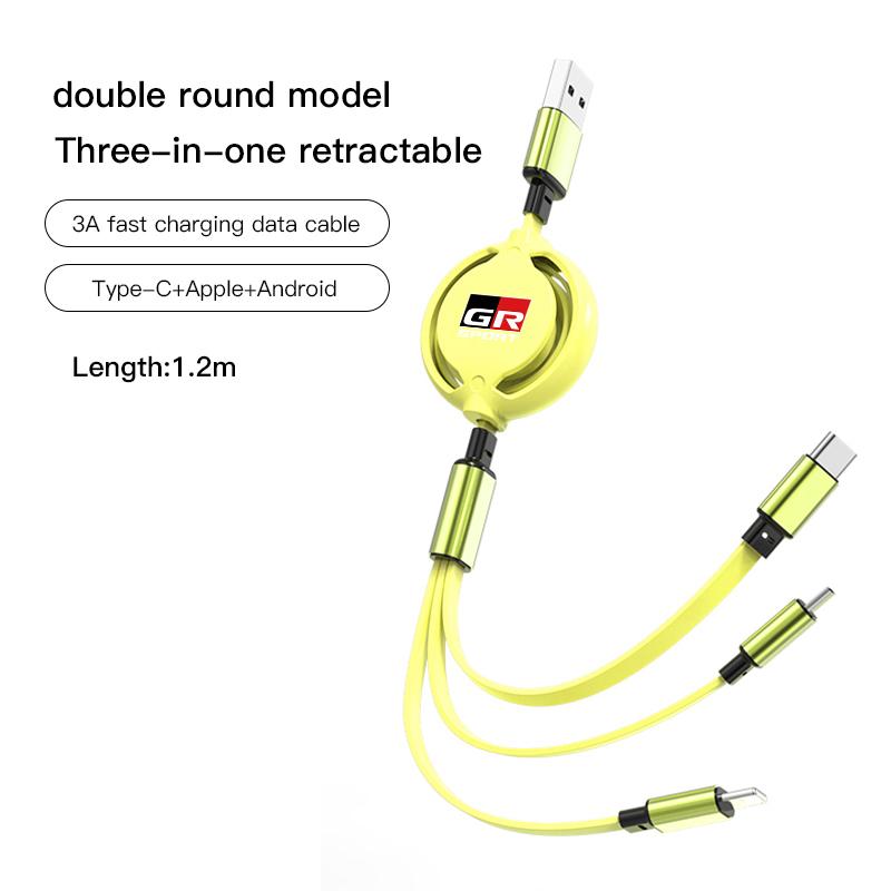 3 In 1 Retractable Mobile Phone Fast Charging Cable For Toyota Corolla Camry Asian Dragon Supra Hilux Land Cruiser GR SPORT TRD