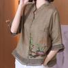 WTEMPO Retro Ramie Embroidery T-shirts Women's Ethnic Style Summer Loose Stand Collar Shirts Casual Chic Elegant Tops