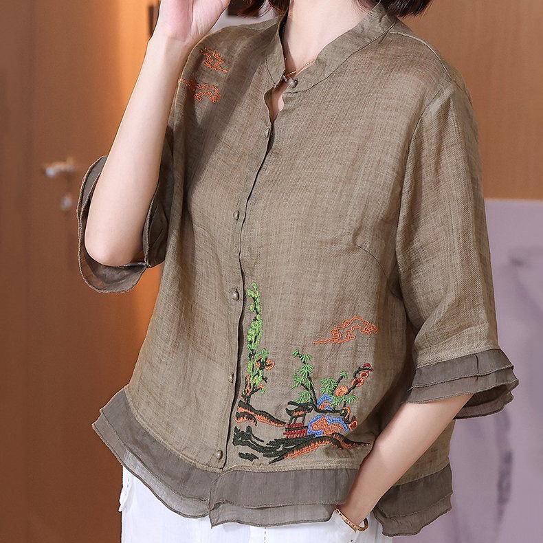 WTEMPO Retro Ramie Embroidery T-shirts Women's Ethnic Style Summer Loose Stand Collar Shirts Casual Chic Elegant Tops