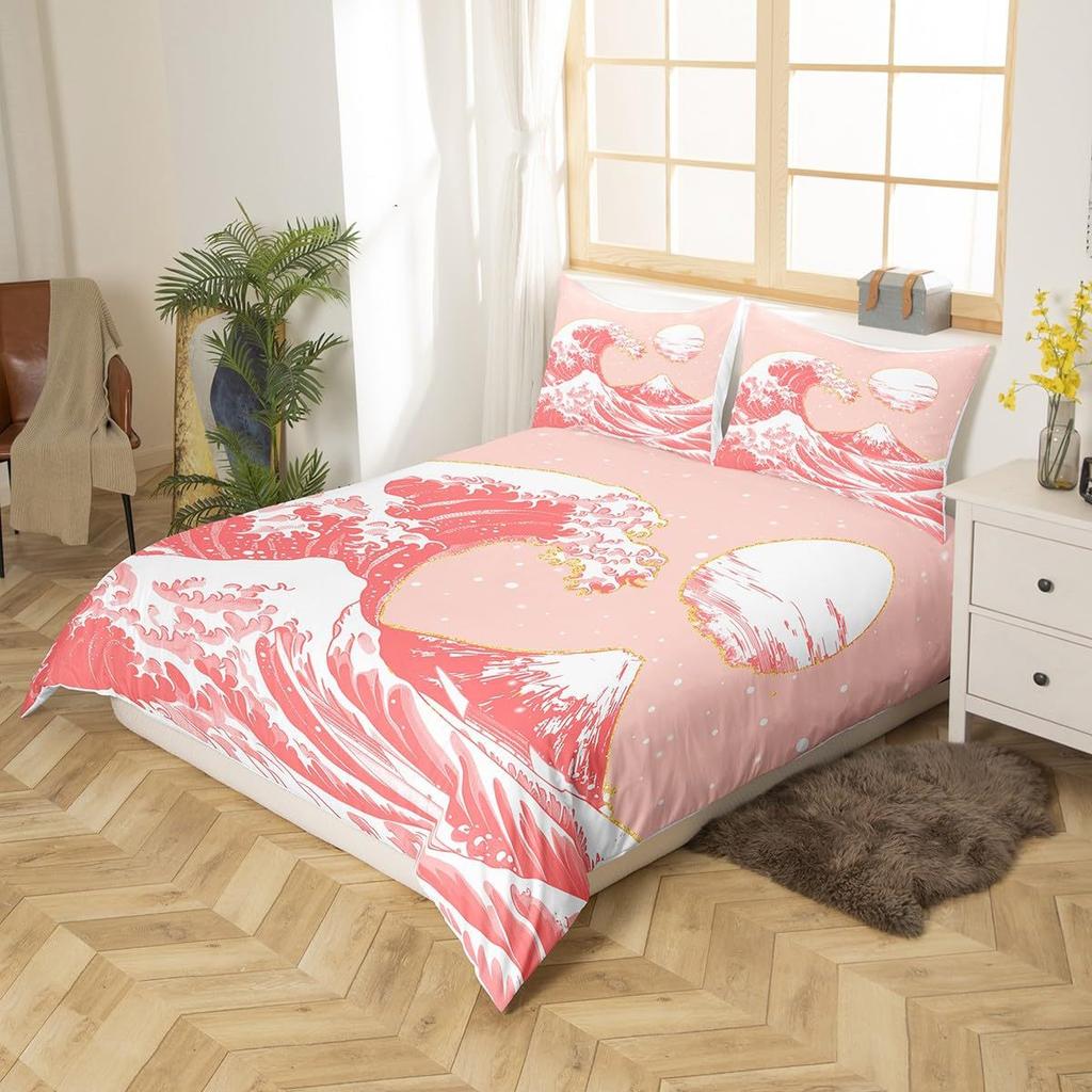 Japanese-Style Pink Wave Three-Piece Quilt Cover Digital Printing Bedding Set Bed Cover