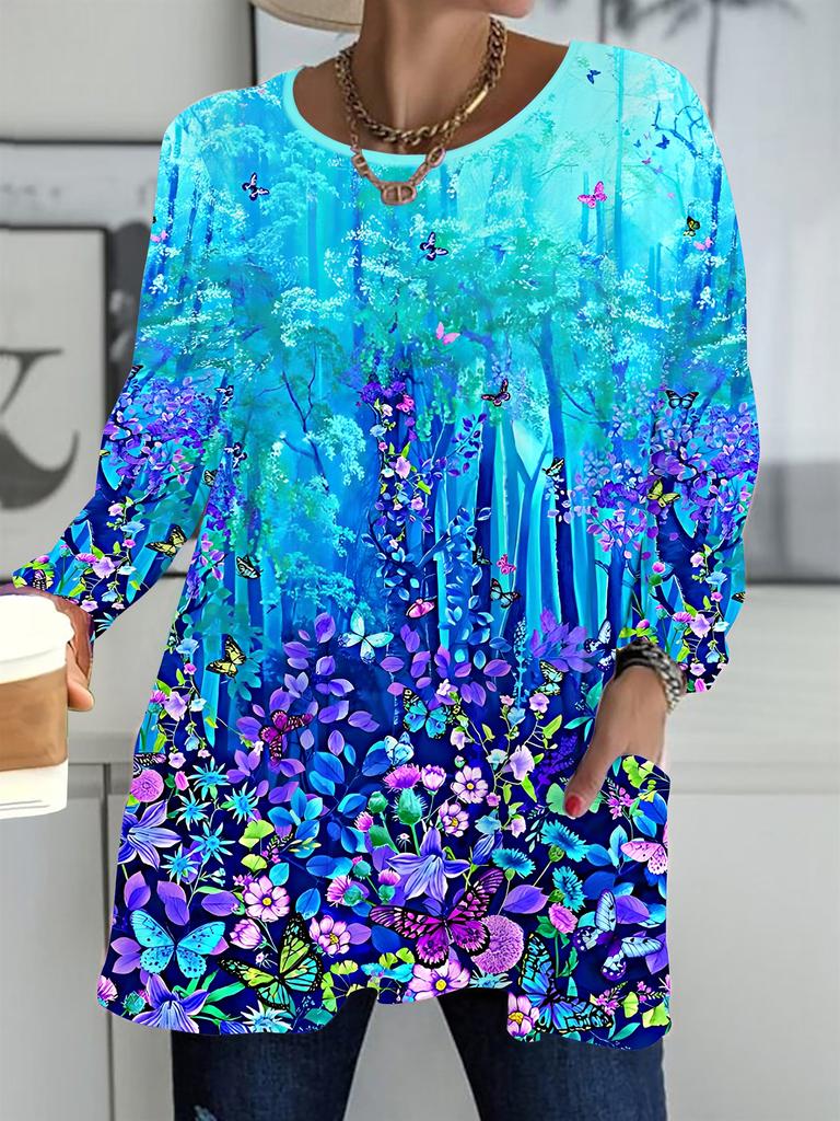 2025 Autumn Winter New Plus Size Women's Tops, Butterfly 3D Print Fashion Crew Neck Long Sleeve T-Shirts