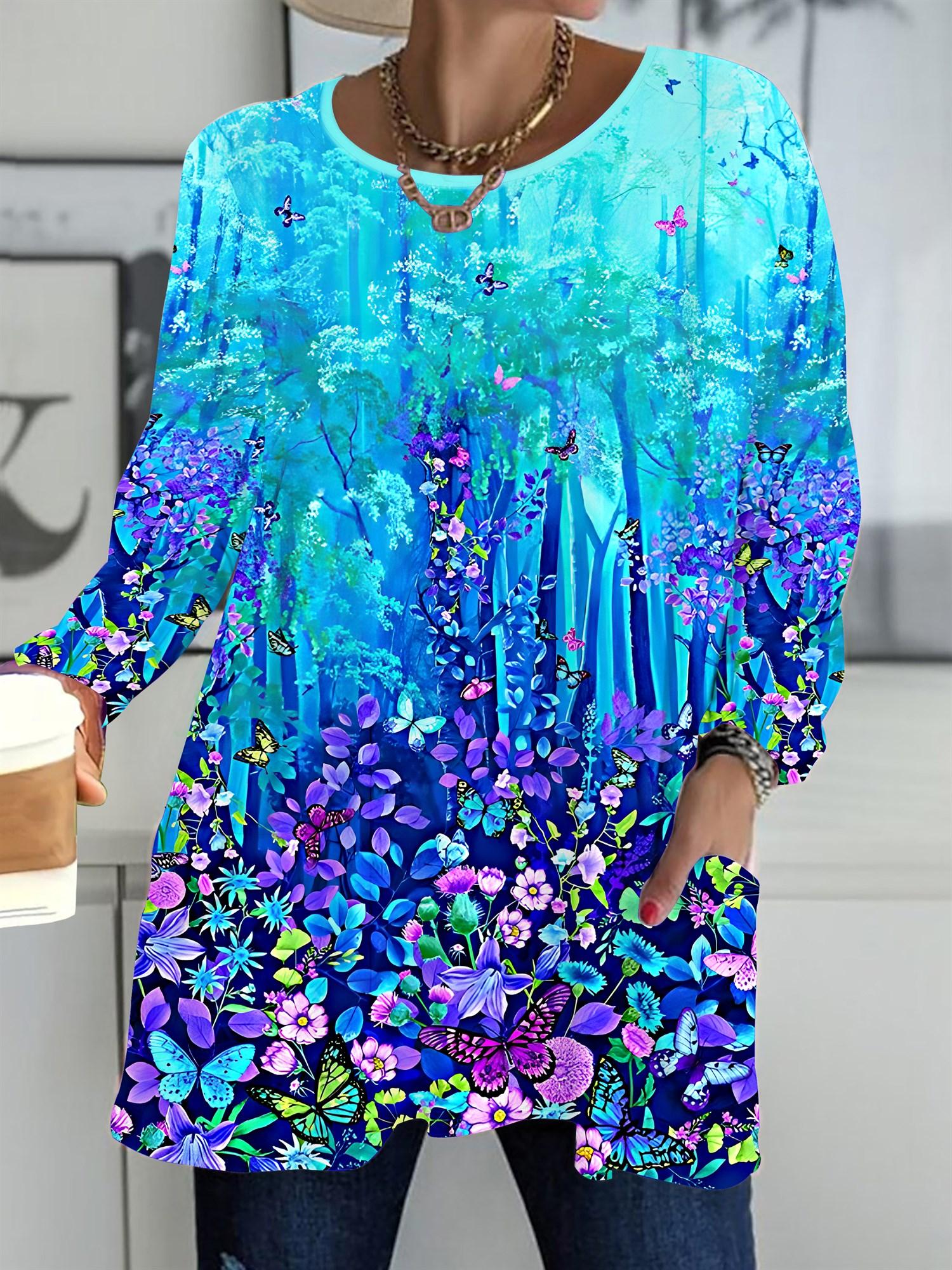 

Осень-Зима 2025 Новые Женские Топы Большого Размера, Модные Футболки с 3D-принтом Бабочек, с Круглым Вырезом и Длинным Рукавом 6XL синий