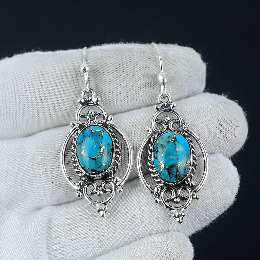 Boucle d’oreille turquoise en cuivre bleu, boucle d’oreille en argent turquoise, boucle d’oreille en pierre ovale, boucle d’oreille en argent sterling 925, boucle d’oreille en pierre précieuse, boucle d’oreille Dangle