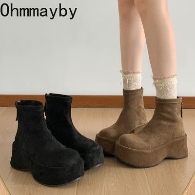 Vintage Plateau Dicke Sohle Damen Stiefeletten Komfort Runde Zehenpartie Kleiderschuhe Herbst Winter Schlank Höhenerhöhend Kurz Botas