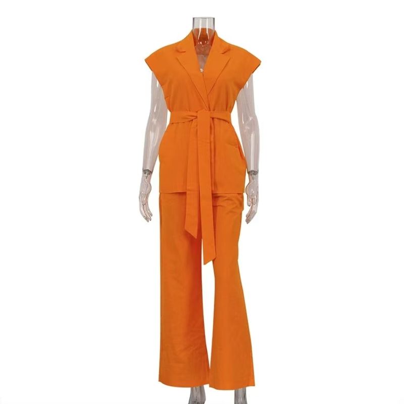 

Fashion Wind Bandage Vest Loose Loose Pants Two-piece Set Loose Vest Wide Leg Pants Set Orange color S