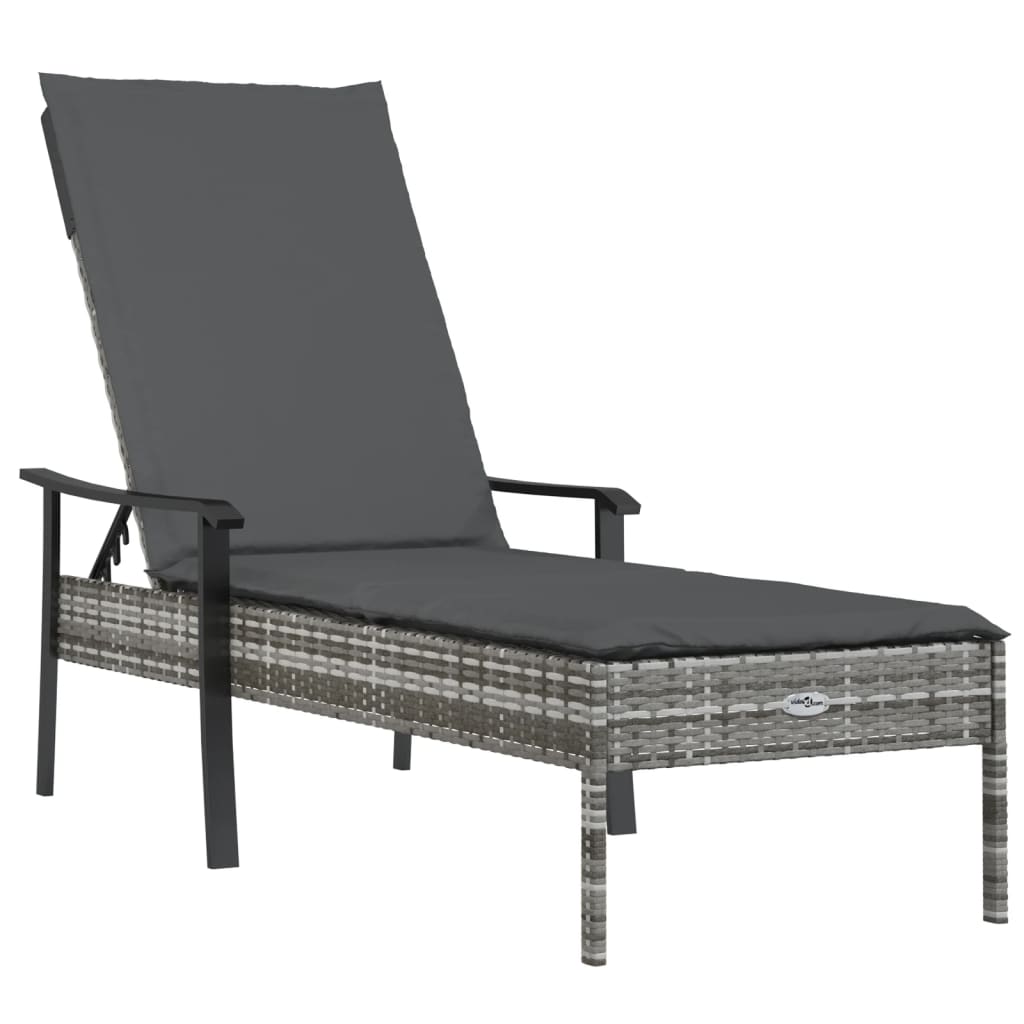 Sun Loungers (2 pcs) with Table and Cushions Grey Poly Rattan