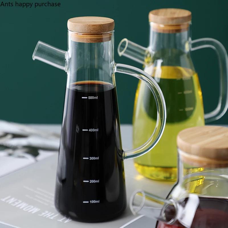 Transparent Glass Oil Can Soy Sauce Bottle Vinegar Pot Condiment Bottles Oil Bottle with Scale Kitchen Supplies Seasoning Bottle