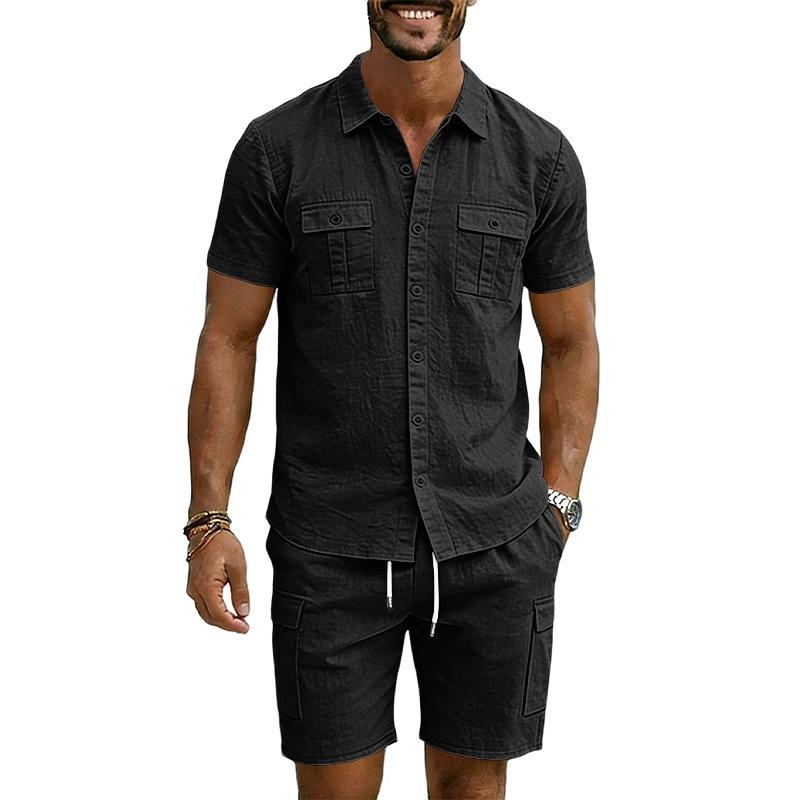 Casual Solid Color Linen Two Piece Sets Mens 2026 Spring Summer Fashion Short Sleeve Shirts and Shorts Outfits Men Linen Suits