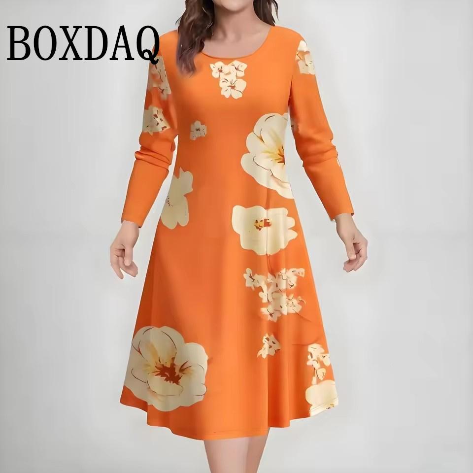 Autumn Winter Women's Print Long Sleeve Dresses Vintage Elegant A-Line Dress 3D Flowers Graphic Casual Plus Size Dress