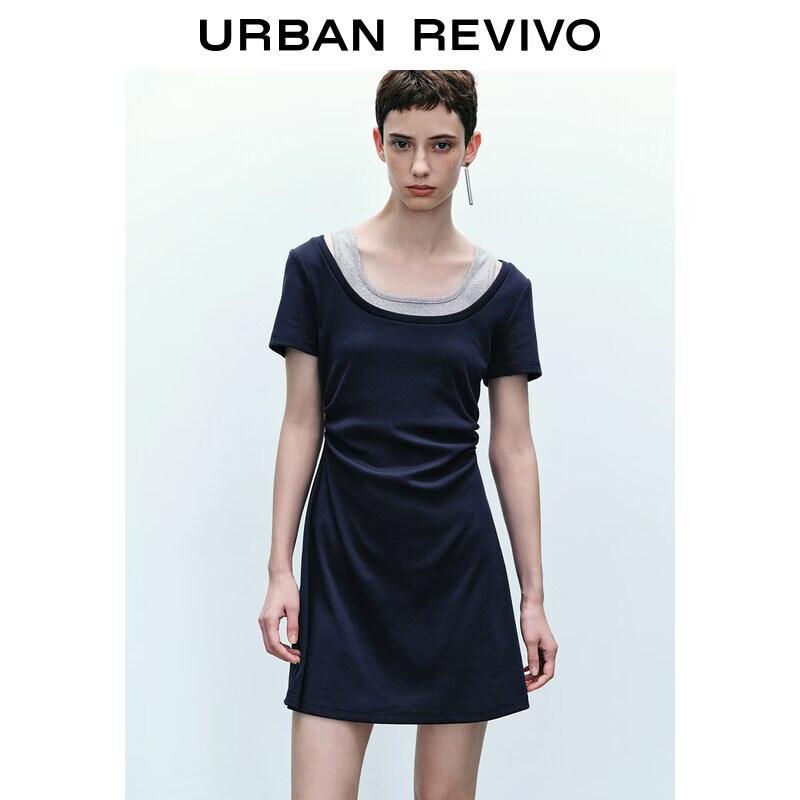 UR2026 Women's Casual Color-block Faux Two-Piece Short Sleeve Dress