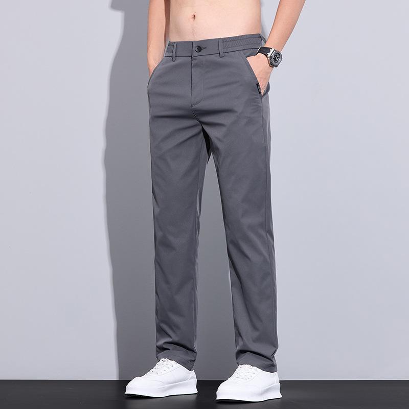 

Ultra-thin Elastic Men s Casual Pants Summer Ice Silk Cotton Fashion Slim Straight Business Trousers Black Gray Khaki 38 сірий
