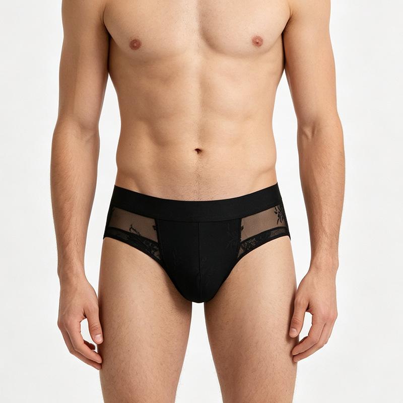 2026 Men's Breathable Mesh Lace Thong Underwear - High Elasticity, Solid Color Briefs