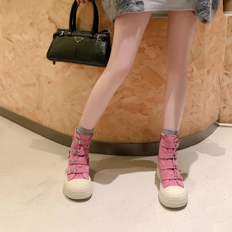 Fashion 2024 Spring and Autumn New Thick soled Short tube Canvas Boots French Casual Breathable Buckle Fashion Women's Single Shoes