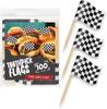 Performore Pacote com 100 Palitos de Dente Bandeira de Corrida Quadriculada, Mini Bandeirinhas Topper para Cupcakes, Suprimentos de Decoração para Festa de Aniversário, Jantares de Aperitivos