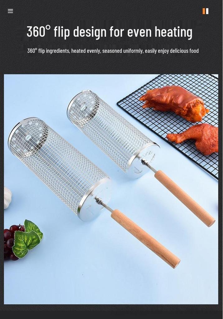 Portable Round 304 Stainless Steel BBQ Grill with Wooden Handle