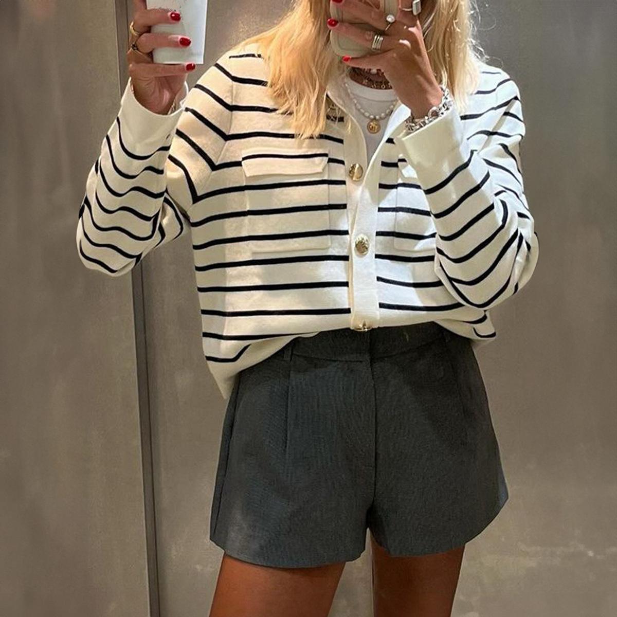 

Y2K Versatile Striped Shirts, Coats and Sweaters for Women 2025 Autumn and Winter S білий