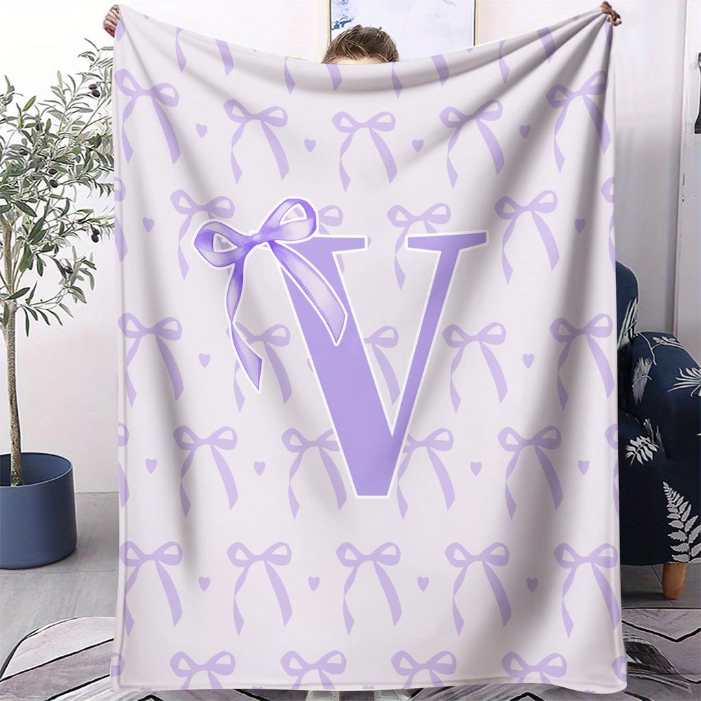 Soft Purple Bow Print Letter U to Z Blanket Warm Cozy Portable Flannel Blanket for Home Camping Travel Gift for Girls Boys