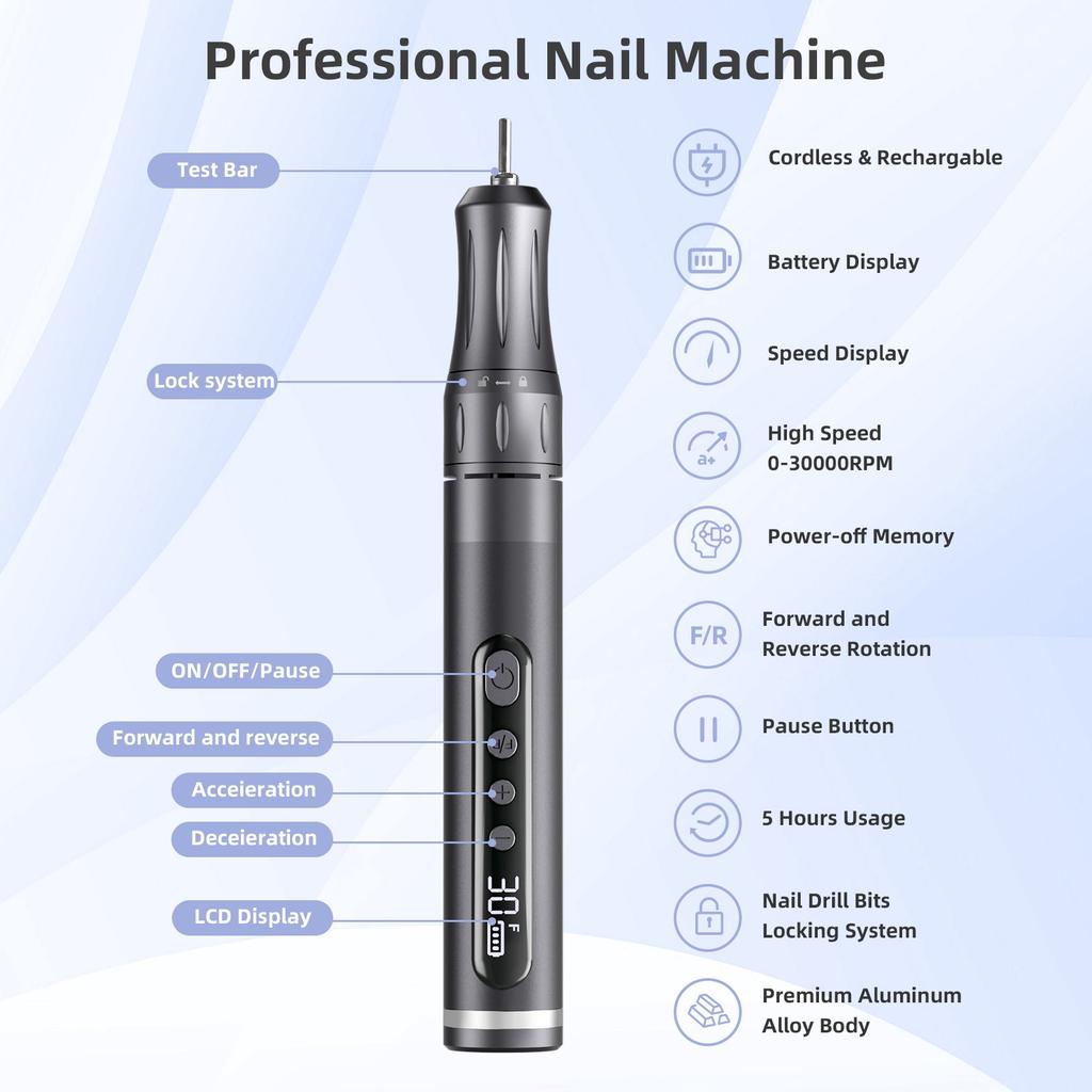 Cordless Electric Nail Drill Machine with LED Display Forward Reverse Direction E File Nail Drill for Acrylic Nails Manicure Set