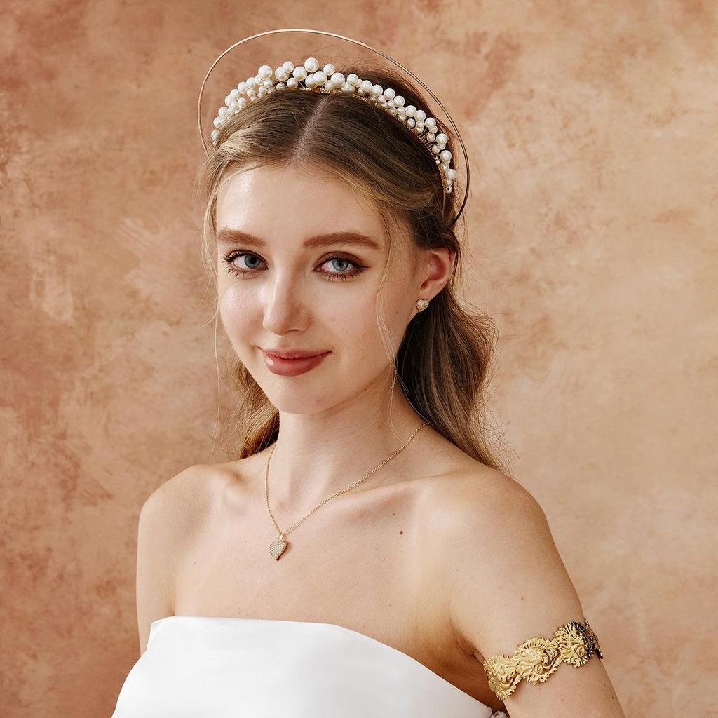 Vintage Lolita Virgin Mary Halo Tiara: Handmade Floral Pearl Headdress for Fashion Shows