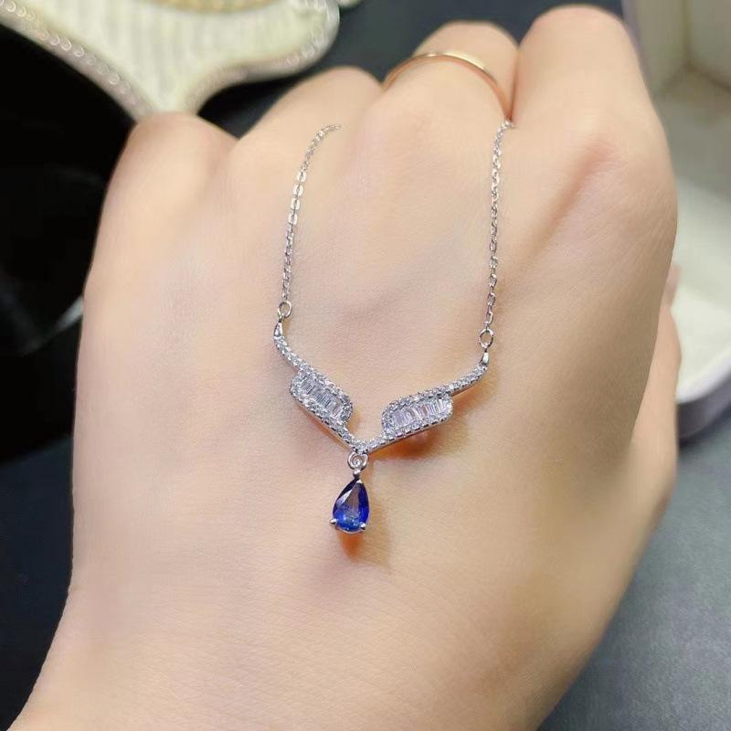 Angel Wing Blue Diamond Water Drop Pendant Necklace: Elegant Japanese/Korean Style for Women - Versatile High-End Collarbone Chain