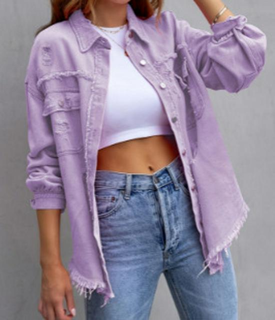 Women's 2025 European & American Solid Color Ripped Denim Jacket - Loose Fit, Long Sleeve